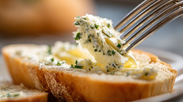 A close up of a fork spreading compound butter across a slice of bread, showing creamy texture