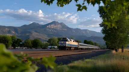 Fototapeta premium A train travels through a scenic mountainous landscape framed by lush green foliage