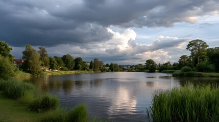 Obraz premium Dramatic heavy storm clouds dominate the sky over a vast landscape during a moody overcast scene
