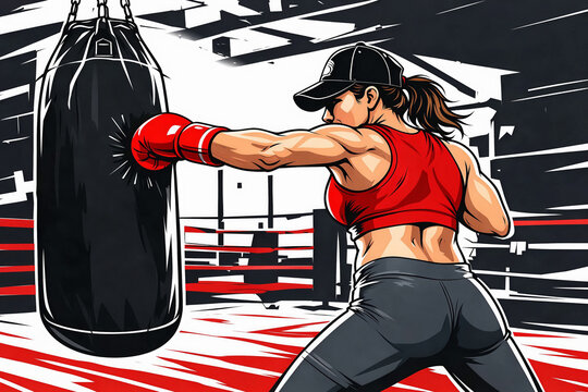 immagine in stile fumetto di una donna con un fisico scolpito che si allena in un palestra di boxe tirando pugni, comic-style image of a woman with a sculpted physique training in a boxing gym throwin