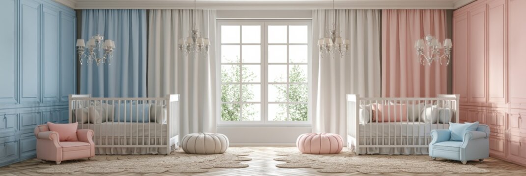 Panoramic scene of a twin nursery room showcasing two cribs in soft colors with natural light coming through a central window and coordinated decor.