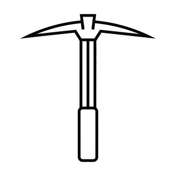 Minimalist pickaxe vector icon, black line art mining tool on white background, industrial pick axe symbol for construction and excavation