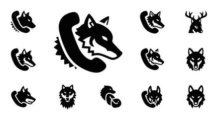 Fototapeta premium Wolf Head Phone Icon Vector Set - Animal Communication and Contact Symbols