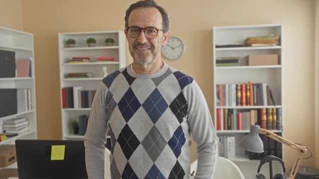 Man in argyle sweater smiles with arms crossed at computer desk in building; warm professional confidence.