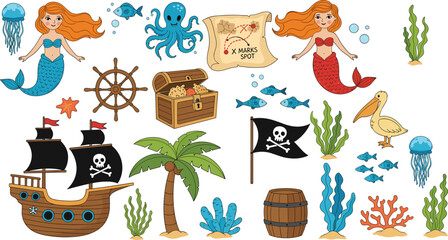 Doodle Pirate and Mermaid Underwater Adventure Set with Cartoon Sailing Ship, Treasure Chest, Map, Seaweeds, and Cute Ocean Animals for Kids Designs © Mithunkumar