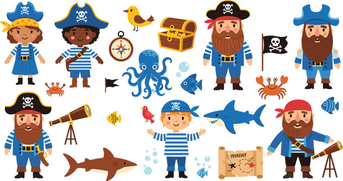 Cute Pirate Crew Set with Cartoon Captain, Boy and Girl Characters, Treasure Chest, Map, Sharks, and Marine Animals for Kids Designs