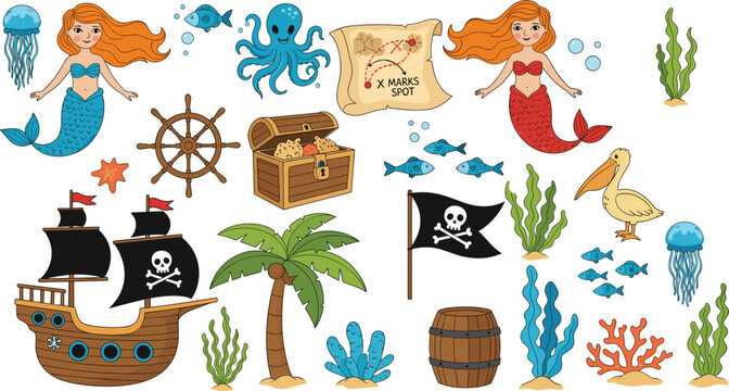 Doodle Pirate and Mermaid Underwater Adventure Set with Cartoon Sailing Ship, Treasure Chest, Map, Seaweeds, and Cute Ocean Animals for Kids Designs