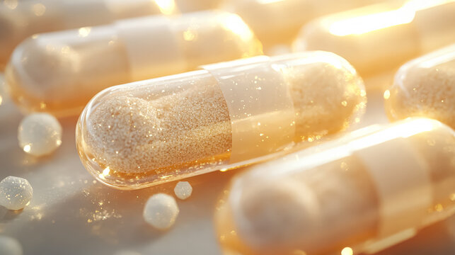 A collection of transparent capsules filled with granules, representing health and wellness supplements.