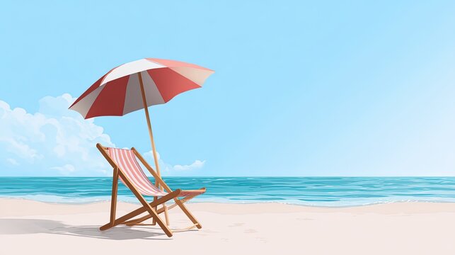 background of sea shore. Good sunny day, deck chair and beach umbrella on the sand coast,cartoon vector , professional color grading ,high contrast , clean sharp focus 