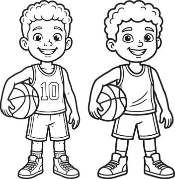 Two smiling cartoon boys holding basketballs, wearing basketball jerseys and shorts, black and white outline illustration