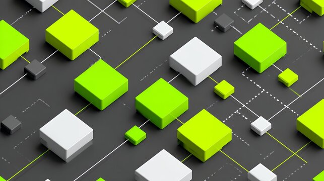 Abstract 3D block network structure with green and white cubes connected by lines representing blockchain and data processing