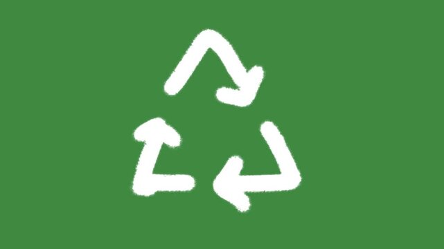 Chalk recycle symbol on green screen background animation with hand-drawn textured recycling icon for environmental conservation and waste reduction element concept.
