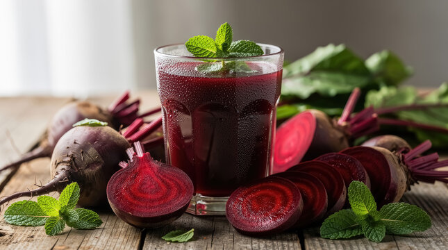 Fresh beet juice in a glass garnished with green mint leaves, surrounded by whole and sliced raw red beets on a weathered wooden table surface