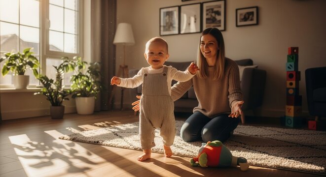Happy infant taking first steps with mother watching. Cozy living room with natural light.