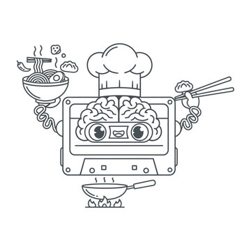 Retro cassette tape chef character, vintage audio tape robot cooking ramen, line art music and food mascot vector