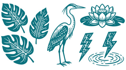 Fototapeta premium Stylized nature vector graphic elements set featuring a majestic heron bird, elegant lotus flower, exotic tropical leaves, and dynamic lightning bolts, ideal for various design projects