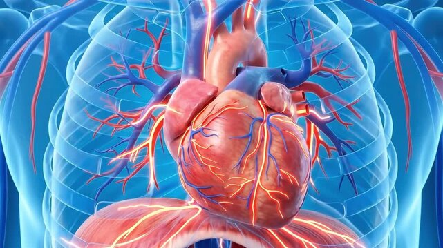 Human heart anatomy illustration with chest cavity and arteries. Suitable for medical education, cardiology research, health documentaries, and science presentations.