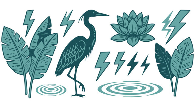 Vintage-style illustration of a heron and lotus flower with lightning bolts and palm leaves, evoking a natural and mystical theme