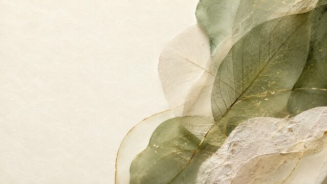 A delicate artistic arrangement of dried green and translucent skeleton leaves with gold foil edges, set against a textured cream-colored paper background.