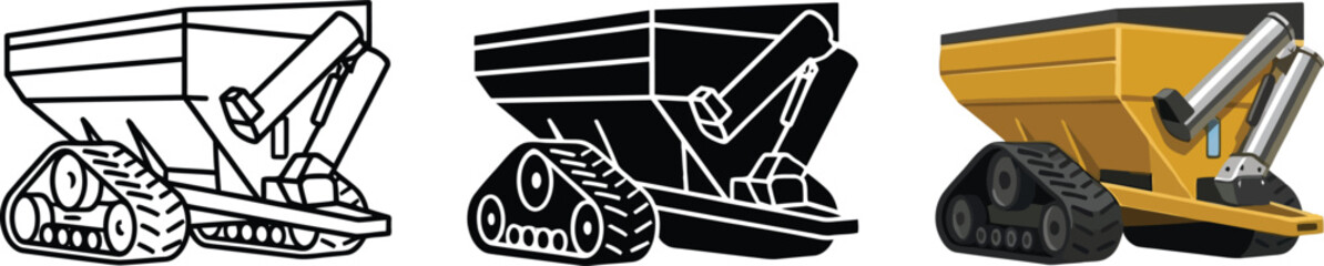 Set of tracked dumper vehicle illustrations featuring outline silhouette and colorful flat design styles ideal for construction and industri © Ahmad