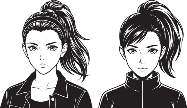 Two anime style girls with ponytails and athletic jackets black and white line art portrait illustration character