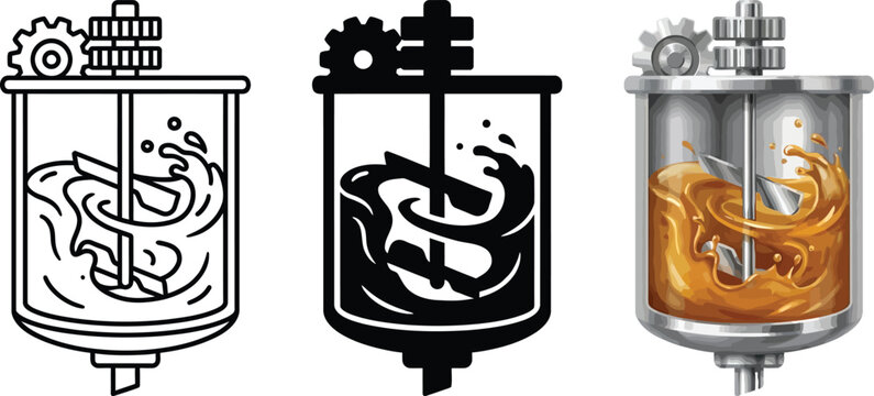 Industrial mixer with swirling liquid set of vector icons for chemical processing and manufacturing isolated on white