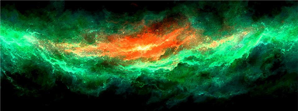 Cosmic nebula swirls vibrant hues emerald green fiery orange, evoking sense wonder vastness universe.