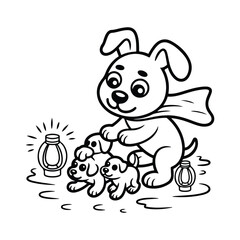 Fototapeta premium Cute dog in superhero cape saving puppies from darkness