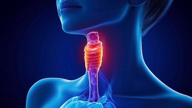 3D illustration of a human trachea with the vocal cords highlighted in red, blue and yellow.