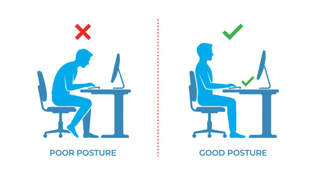 Vector infographic showing good and poor sitting posture at a desk with a computer