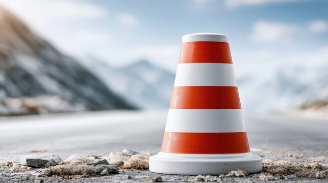 A checkpoint barrier stands on an empty road with little signage. The scene is set in neutral tones and soft daylight