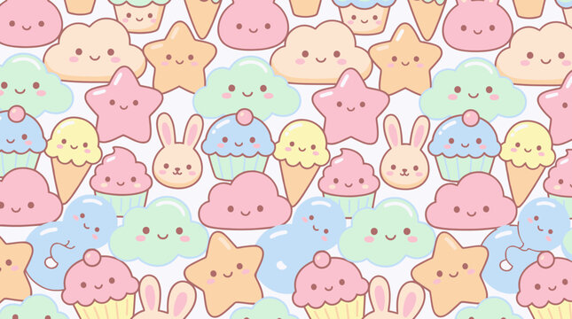 Vector colorful cartoon sweets and desserts with smiling faces