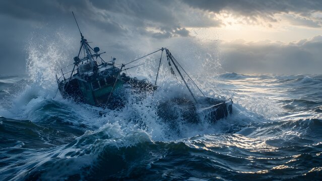 Commercial Fishing Trawler Boat Navigating Through Stormy Ocean Chaos, Rough Sea Big Waves Spraying Water