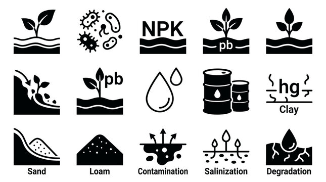 Vector soil contamination and degradation icons including sand loam salinization