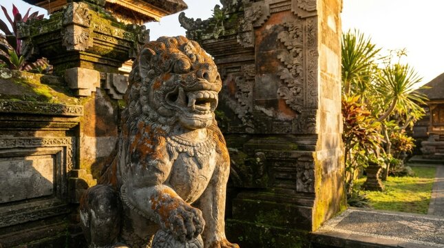 Ancient weathered stone lion arca singa temple guardian standing as a majestic cultural sentinel at a historic Bali heritage site during the golden hour, perfect for travel and art imagery.