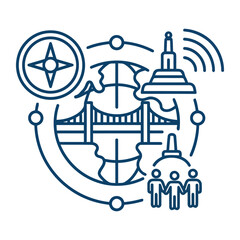 Naklejka premium Global travel line icon, world map with bridge and compass vector, international tourism and navigation concept illustration