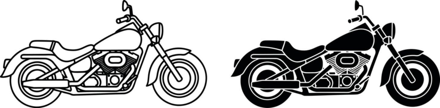American cruiser motorcycle line drawing and solid black silhouette for transport and lifestyle themes