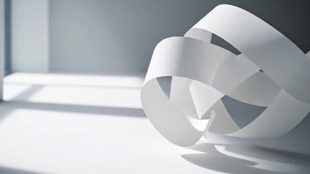 Abstract white paper ribbon sculpture on minimalist background  