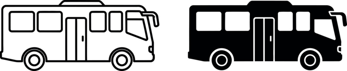 Set of simple outline and filled silhouette icons representing a bus and a motorcycle for transportation services © EDA