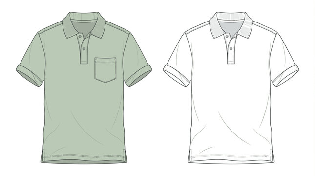 Blank Short Sleeve Polo Shirt Technical CAD Vector Mockup Template with Front Pocket and Placket Details for Fashion Design Tech Pack Apparel Diagrams