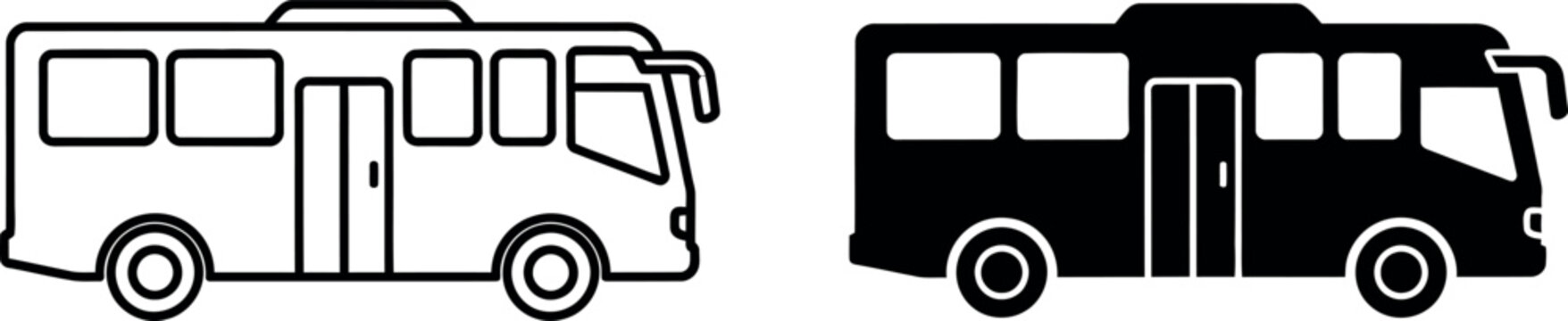 Set of simple outline and filled silhouette icons representing a bus and a motorcycle for transportation services