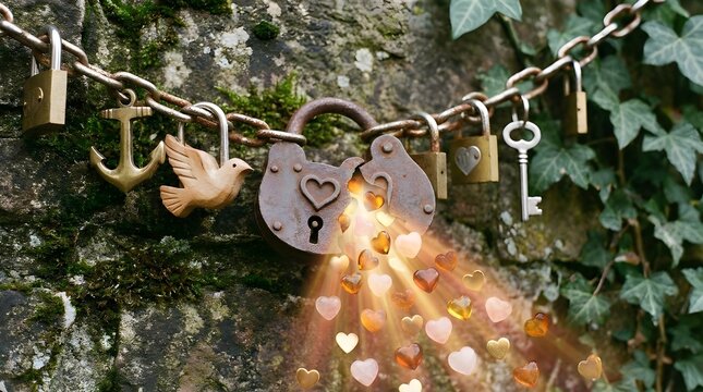Love locks on a chain a symbol of affection and commitment
