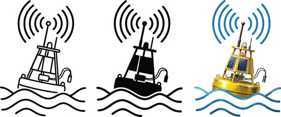 Collection of buoy icons with radio waves representing marine navigation and communication ideal for nautical or weather apps © Ahmad