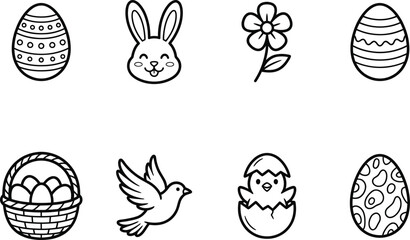 Fototapeta premium Easter icons set including eggs bunny bird and chick