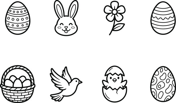 Easter icons set including eggs bunny bird and chick