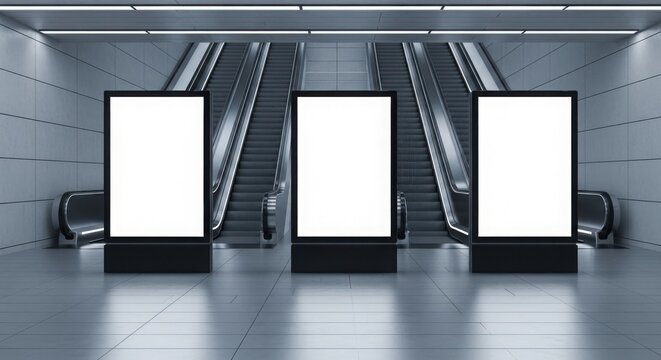 Three blank vertical billboard mockups standing in a modern underground subway station terminal