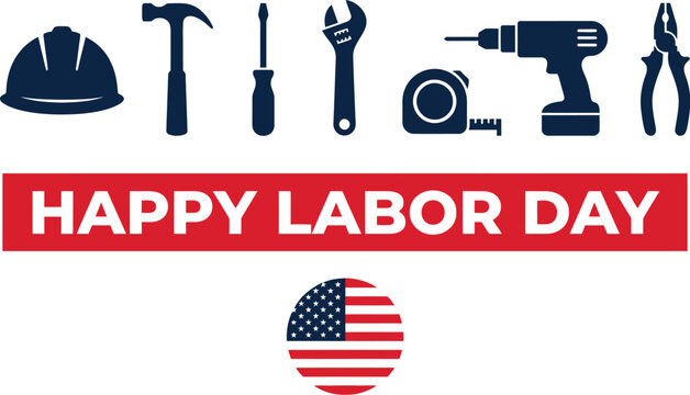 Happy labor day greeting with construction tools and american flag