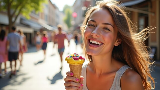 Beautiful smiling young woman enjoying ice cream outdoors on sunny summer day in city street. Happy lifestyle, vacation mood, sweet dessert, urban leisure concept	