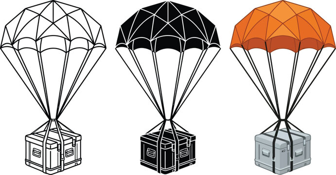 Set of parachute icons with cargo box line art silhouette and color illustration for delivery concepts isolated on white