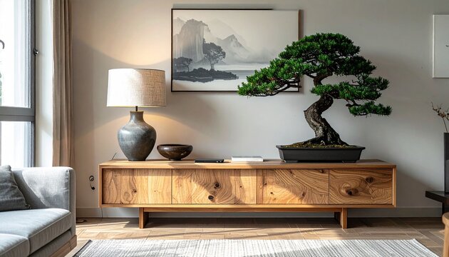 Bonsai tree and lamp on wooden cabinet in living room.